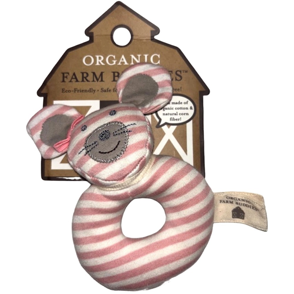 Organic Farm Buddies Baby Ballerina Mouse Cloth Rattle Toy Pink White Stripe NWT